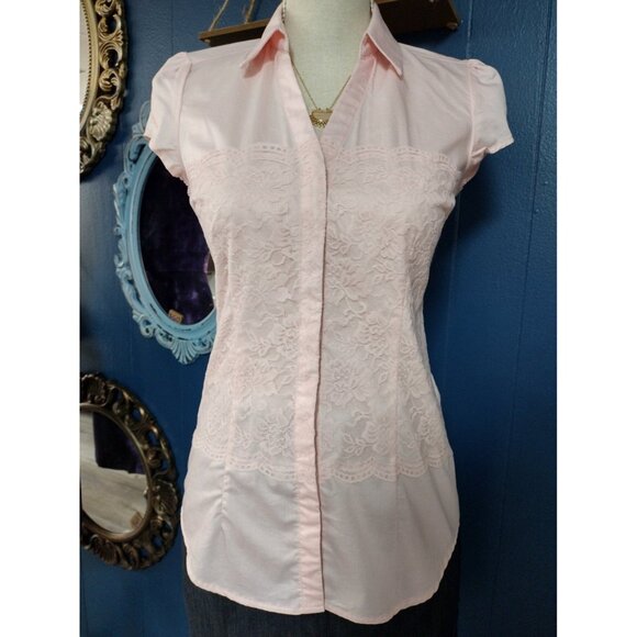 New York & Company Short Pink Sleeve Button Up Blouse X-Small - Picture 2 of 4